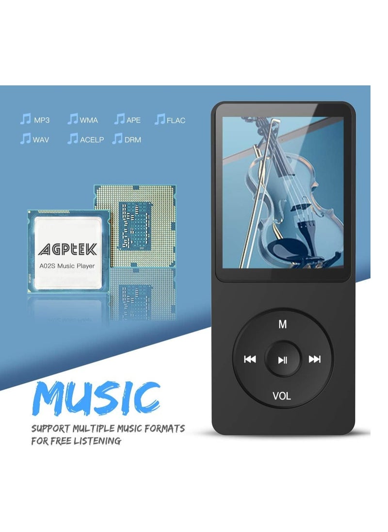 AGPTEK A02 16GB & 70 Hours Playback MP3 Lossless Sound Music Player (Supports up to 128GB), Black, USB, Aux