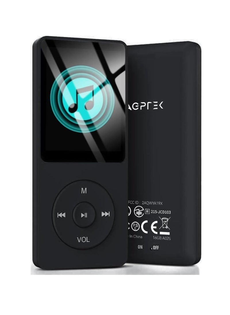 AGPTEK A02 16GB & 70 Hours Playback MP3 Lossless Sound Music Player (Supports up to 128GB), Black, USB, Aux