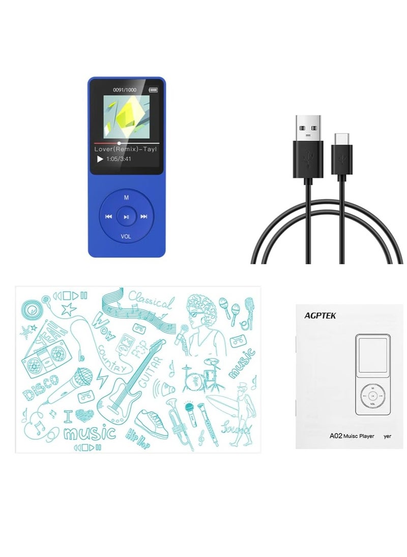 AGPTEK 16GB A02 MP3 Player 70 Hours Playback Lossless Sound Music Player Supports up to 128GB Dark Blue Multifunctional Sports MP3 Player for Indoor Outdoor, USB, Aux