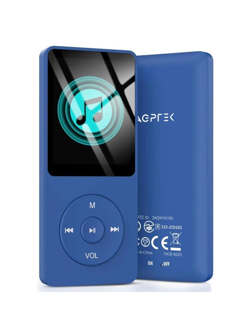 AGPTEK 16GB A02 MP3 Player 70 Hours Playback Lossless Sound Music Player Supports up to 128GB Dark Blue Multifunctional Sports MP3 Player for Indoor Outdoor, USB, Aux