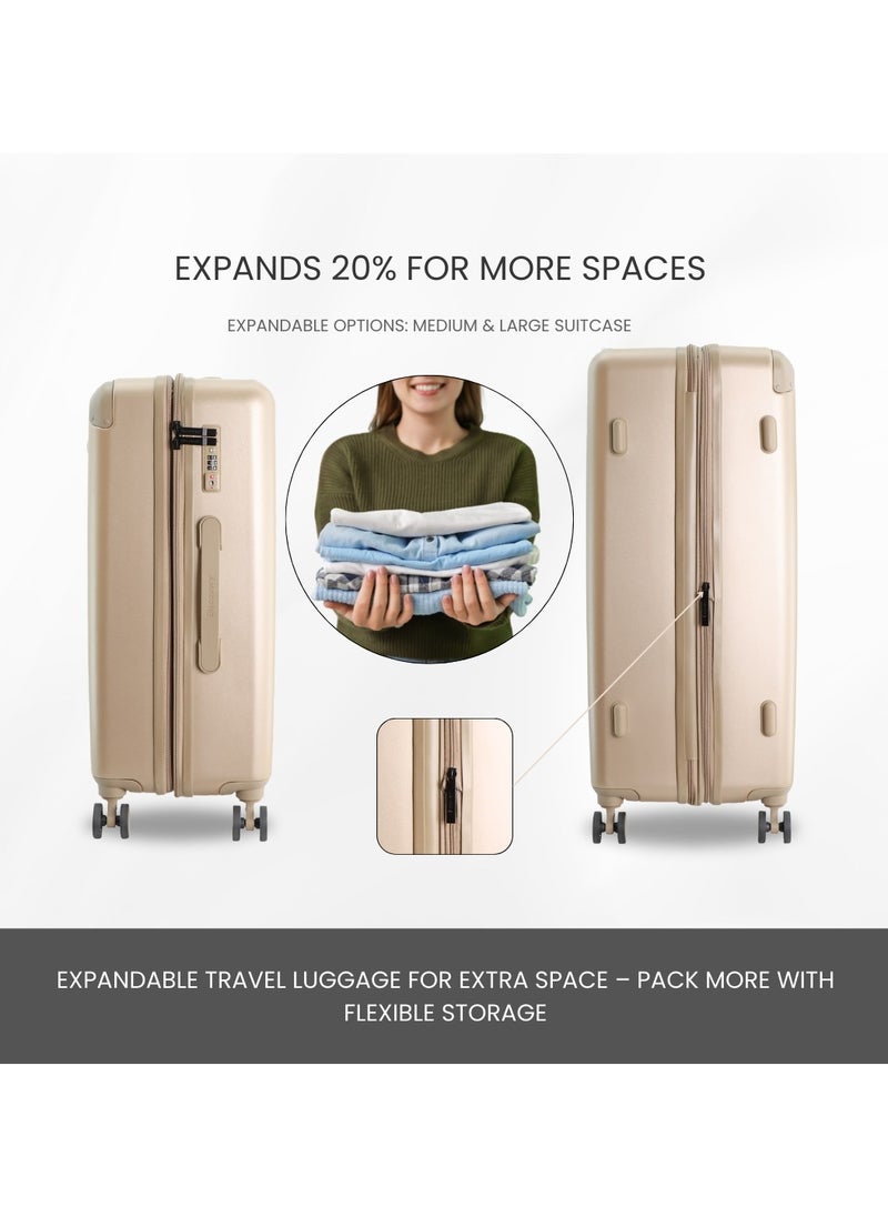 Discovery Focus ABS Hardside Travel Luggage Set, Durable Lightweight 4 Double Wheel Bag, Extra Secure Combination Lock Suitcase 3 Pcs, Expandable Trolley Small,Medium,Large(20+24+28 Inch) Gold