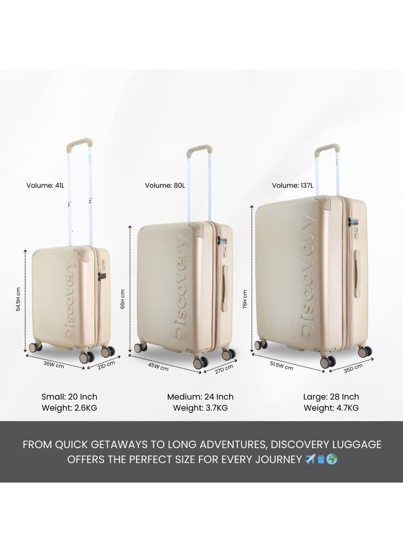 Discovery Focus ABS Hardside Travel Luggage Set, Durable Lightweight 4 Double Wheel Bag, Extra Secure Combination Lock Suitcase 3 Pcs, Expandable Trolley Small,Medium,Large(20+24+28 Inch) Gold