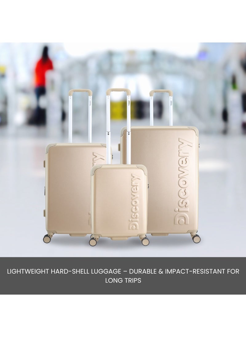 Discovery Focus ABS Hardside Travel Luggage Set, Durable Lightweight 4 Double Wheel Bag, Extra Secure Combination Lock Suitcase 3 Pcs, Expandable Trolley Small,Medium,Large(20+24+28 Inch) Gold