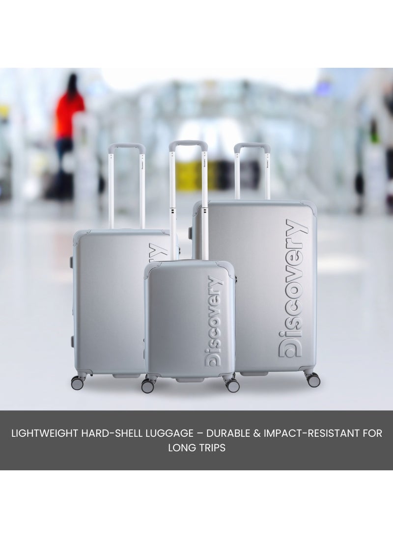 Discovery Focus ABS Hardside Travel Luggage Set, Durable Lightweight 4 Double Wheel Bag, Extra Secure Combination Lock Suitcase 3 Pcs, Expandable Trolley Small,Medium,Large(20+24+28 Inch) Silver