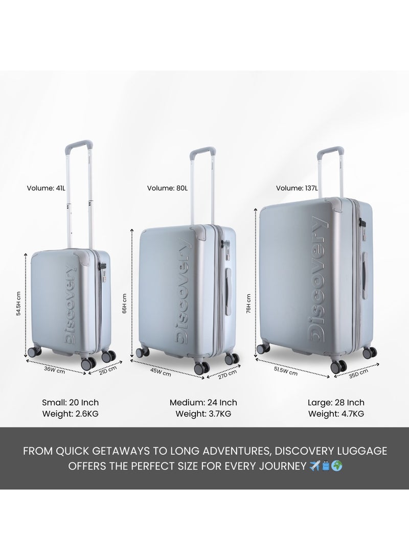 Discovery Focus ABS Hardside Travel Luggage Set, Durable Lightweight 4 Double Wheel Bag, Extra Secure Combination Lock Suitcase 3 Pcs, Expandable Trolley Small,Medium,Large(20+24+28 Inch) Silver