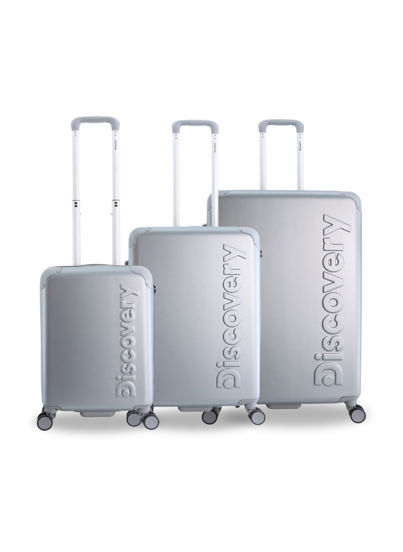 Discovery Focus ABS Hardside Travel Luggage Set, Durable Lightweight 4 Double Wheel Bag, Extra Secure Combination Lock Suitcase 3 Pcs, Expandable Trolley Small,Medium,Large(20+24+28 Inch) Silver