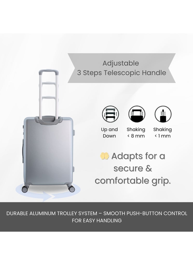 Discovery Focus ABS Hardside Travel Luggage Set, Durable Lightweight 4 Double Wheel Bag, Extra Secure Combination Lock Suitcase 3 Pcs, Expandable Trolley Small,Medium,Large(20+24+28 Inch) Silver