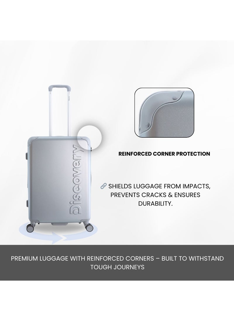 Discovery Focus ABS Hardside Travel Luggage Set, Durable Lightweight 4 Double Wheel Bag, Extra Secure Combination Lock Suitcase 3 Pcs, Expandable Trolley Small,Medium,Large(20+24+28 Inch) Silver