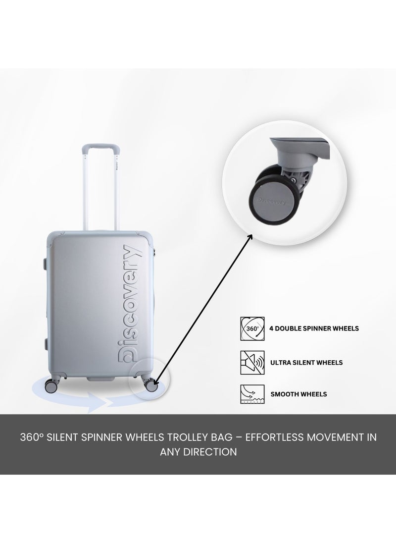Discovery Focus ABS Hardside Travel Luggage Set, Durable Lightweight 4 Double Wheel Bag, Extra Secure Combination Lock Suitcase 3 Pcs, Expandable Trolley Small,Medium,Large(20+24+28 Inch) Silver