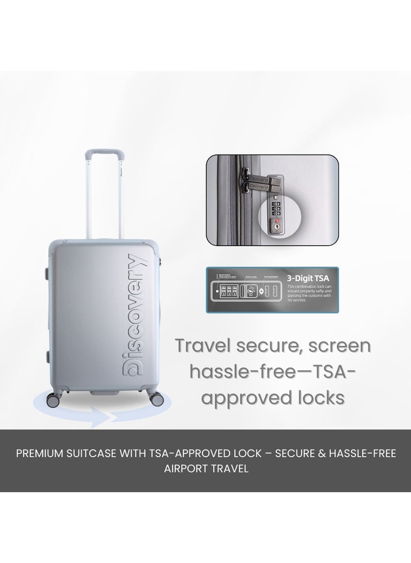 Discovery Focus ABS Hardside Travel Luggage Set, Durable Lightweight 4 Double Wheel Bag, Extra Secure Combination Lock Suitcase 3 Pcs, Expandable Trolley Small,Medium,Large(20+24+28 Inch) Silver