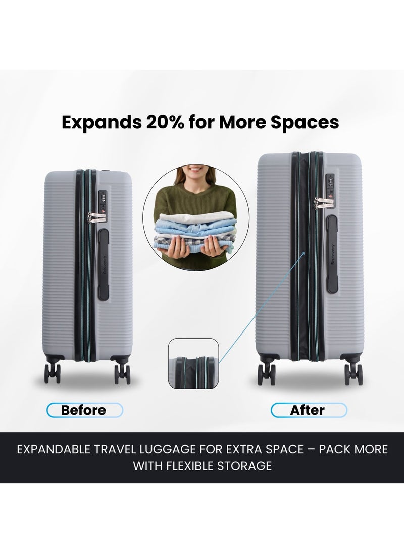 Discovery Eclipse ABS Hardside Travel Luggage Set, Durable Lightweight 4 Double Wheel Bag, Extra Secure Combination Lock Suitcase 3 Pcs, Expandable Trolley Small,Medium,Large(20+24+28 Inch)Light Grey