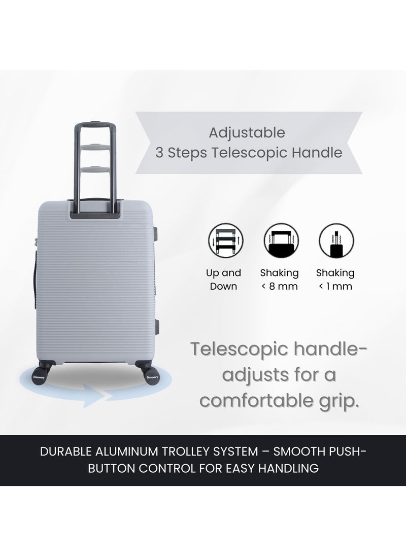 Discovery Eclipse ABS Hardside Travel Luggage Set, Durable Lightweight 4 Double Wheel Bag, Extra Secure Combination Lock Suitcase 3 Pcs, Expandable Trolley Small,Medium,Large(20+24+28 Inch)Light Grey
