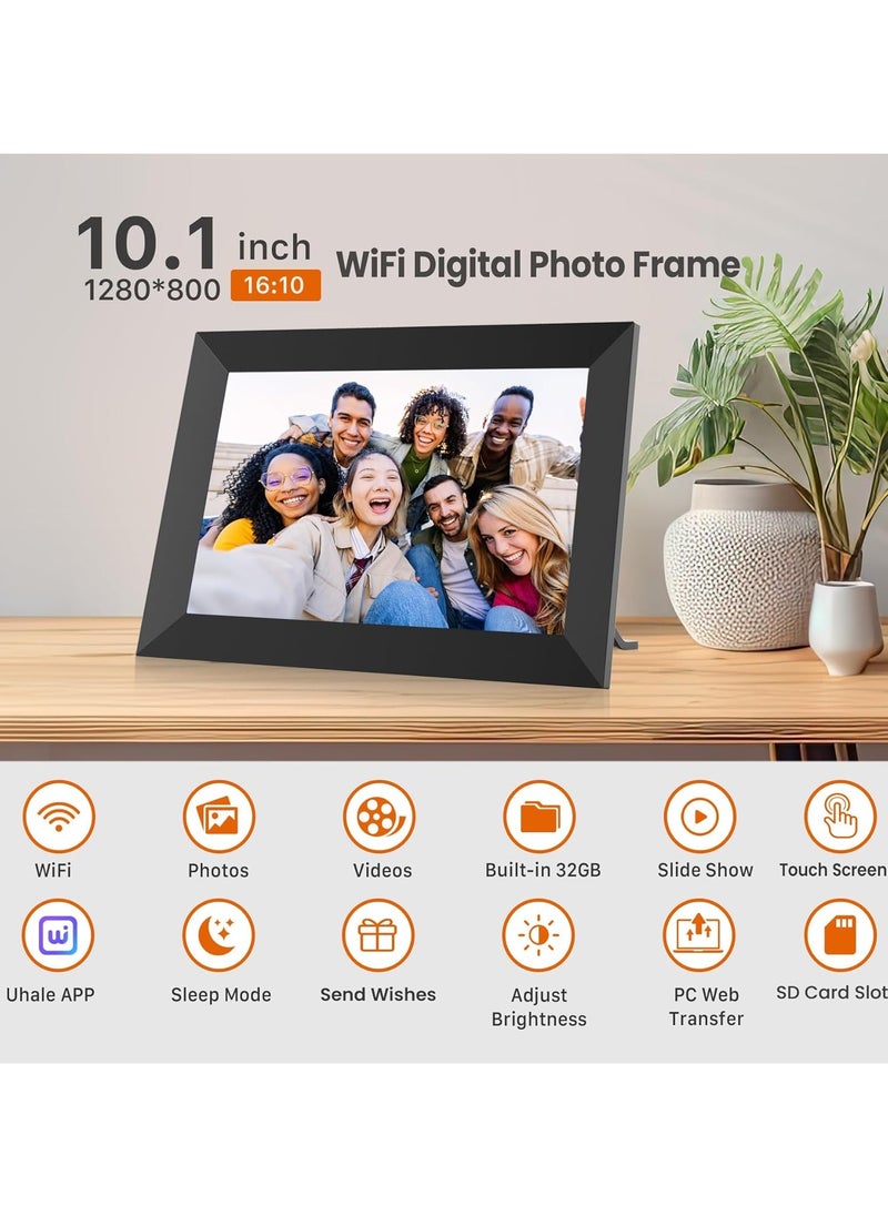 Smart WiFi Digital Photo Frame 10.1-Inch, HD Touchscreen, Instant Photo & Video Sharing via App, Auto-Rotate, Built-in 32GB Storage, Electronic Frame for Photos & Video Clips