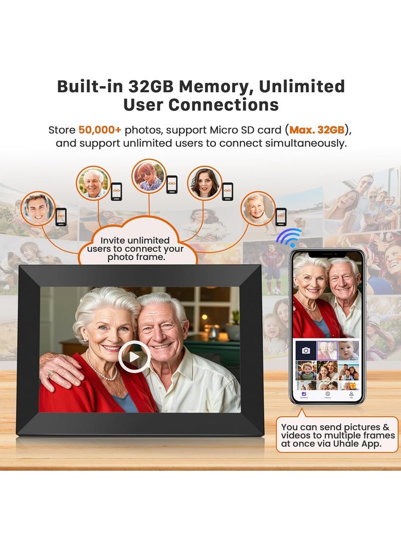 Smart WiFi Digital Photo Frame 10.1-Inch, HD Touchscreen, Instant Photo & Video Sharing via App, Auto-Rotate, Built-in 32GB Storage, Electronic Frame for Photos & Video Clips