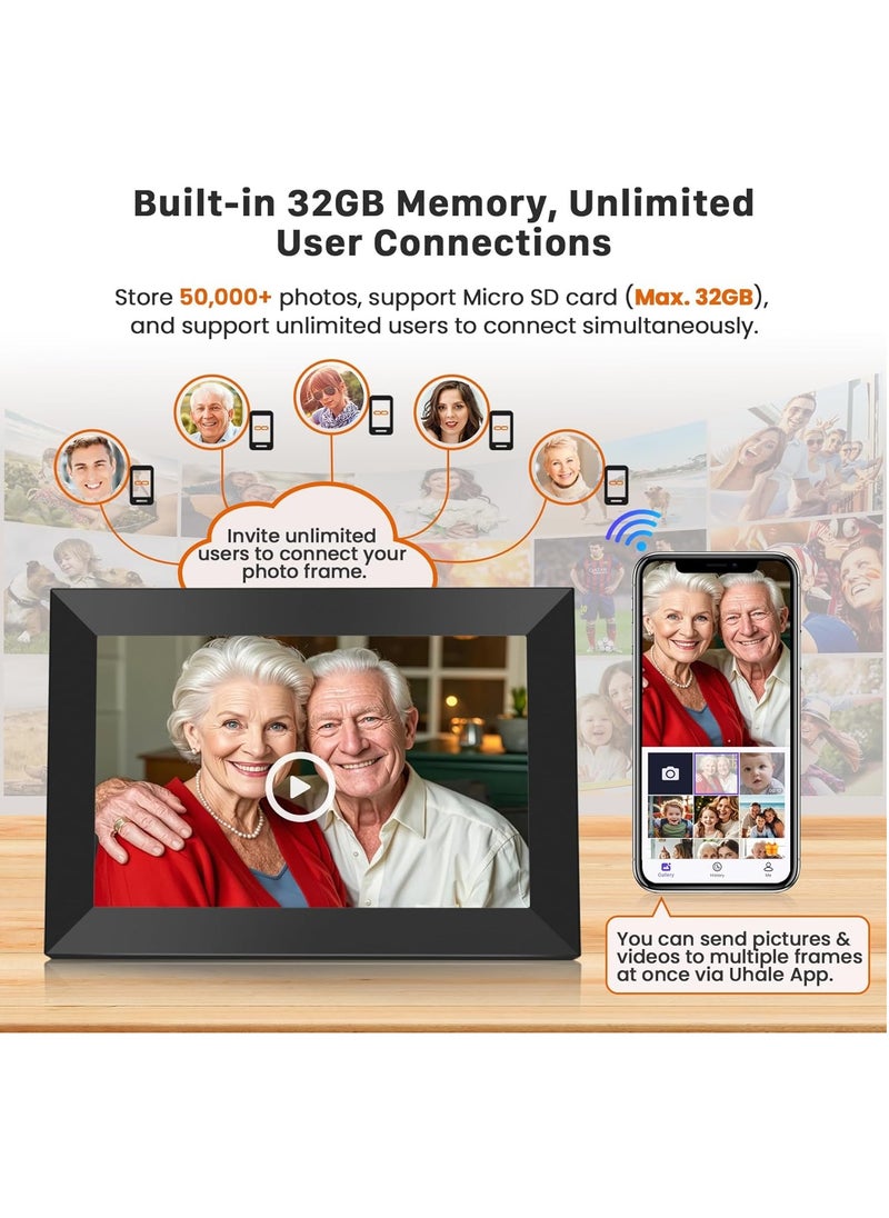 WiFi Digital Photo Frame, HD IPS Touch Screen, Auto-Rotate, Built-in 32GB Storage, Instant Photo & Video Sharing via Uhale App, Wall Mountable, 10.1-Inch Display for Photos/Videos from Anywhere