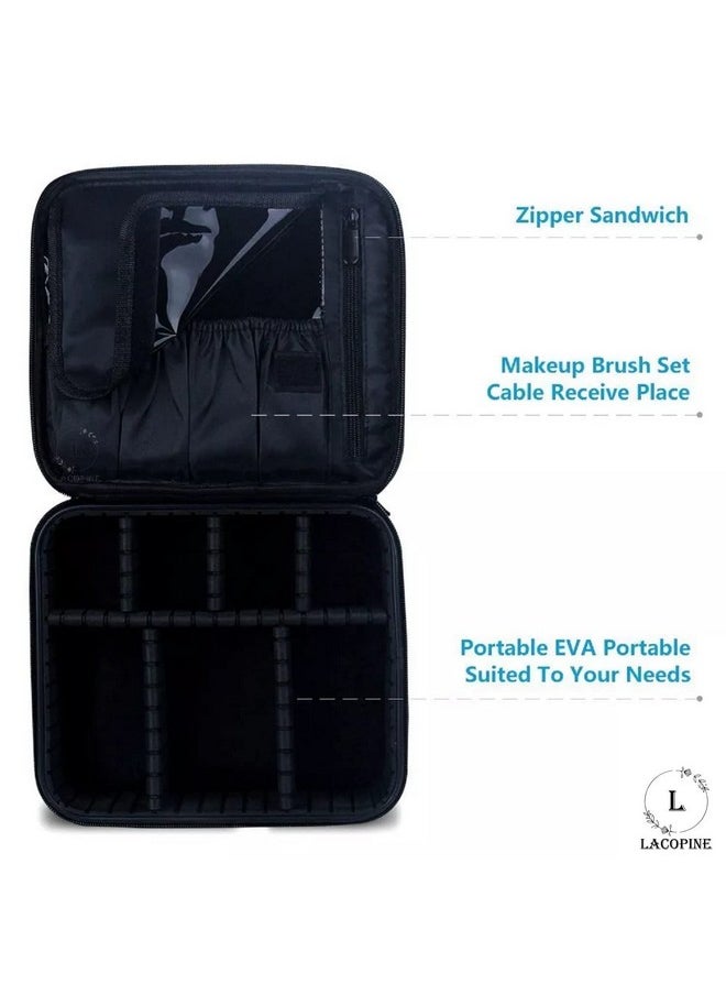 LACOPINE Travel Professional Makeup Case Organizer Bag/Travel Pouch For Women Portable Artist Storage Makeup Brush Bag With Adjustable Dividers (Black, 10 Inch (1 Layer))