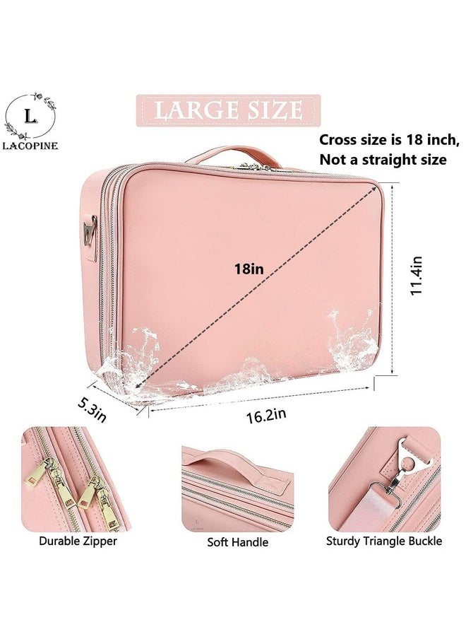 LACOPINE Travel Professional Makeup Case Cosmetic Bag Organizer Bag For Women | Portable Artist Storage Makeup Brush Bag With Adjustable Dividers (Baby Pink, 16 Inch (2 Layer))