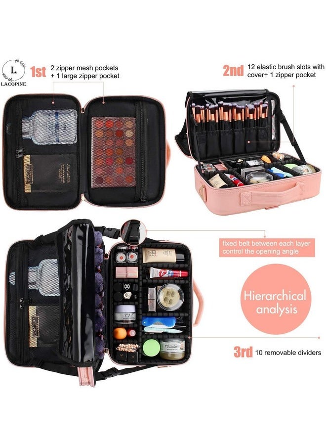 LACOPINE Travel Professional Makeup Case Cosmetic Bag Organizer Bag For Women | Portable Artist Storage Makeup Brush Bag With Adjustable Dividers (Baby Pink, 16 Inch (2 Layer))