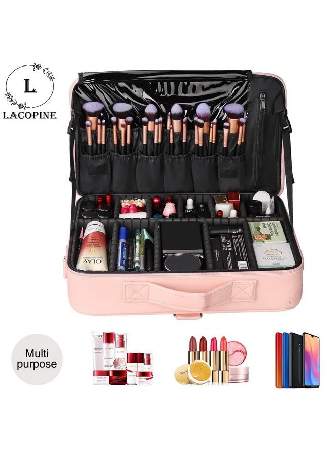 LACOPINE Travel Professional Makeup Case Cosmetic Bag Organizer Bag For Women | Portable Artist Storage Makeup Brush Bag With Adjustable Dividers (Baby Pink, 16 Inch (2 Layer))