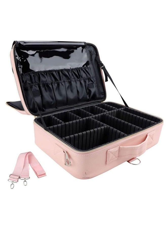 LACOPINE Travel Professional Makeup Case Cosmetic Bag Organizer Bag For Women | Portable Artist Storage Makeup Brush Bag With Adjustable Dividers (Baby Pink, 16 Inch (2 Layer))