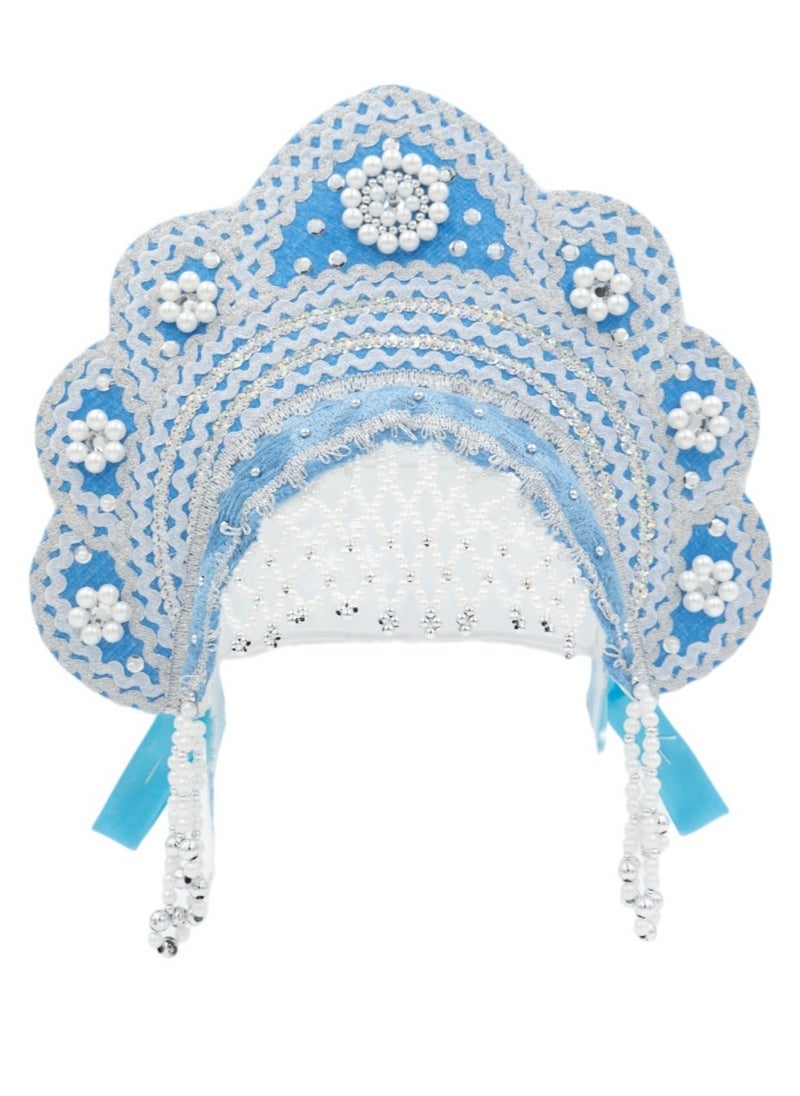 Women's Girls Traditional Headdress Kokoshnik Light Blue with Silver