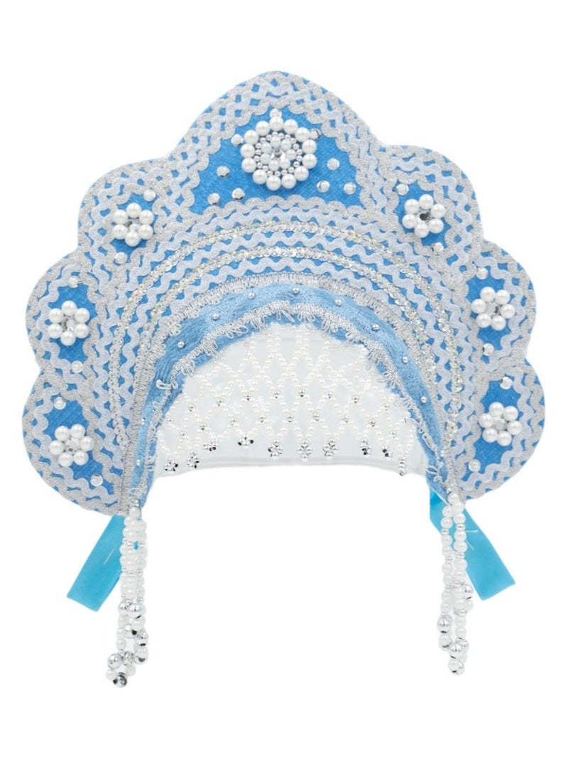 Women's Girls Traditional Headdress Kokoshnik Light Blue with Silver
