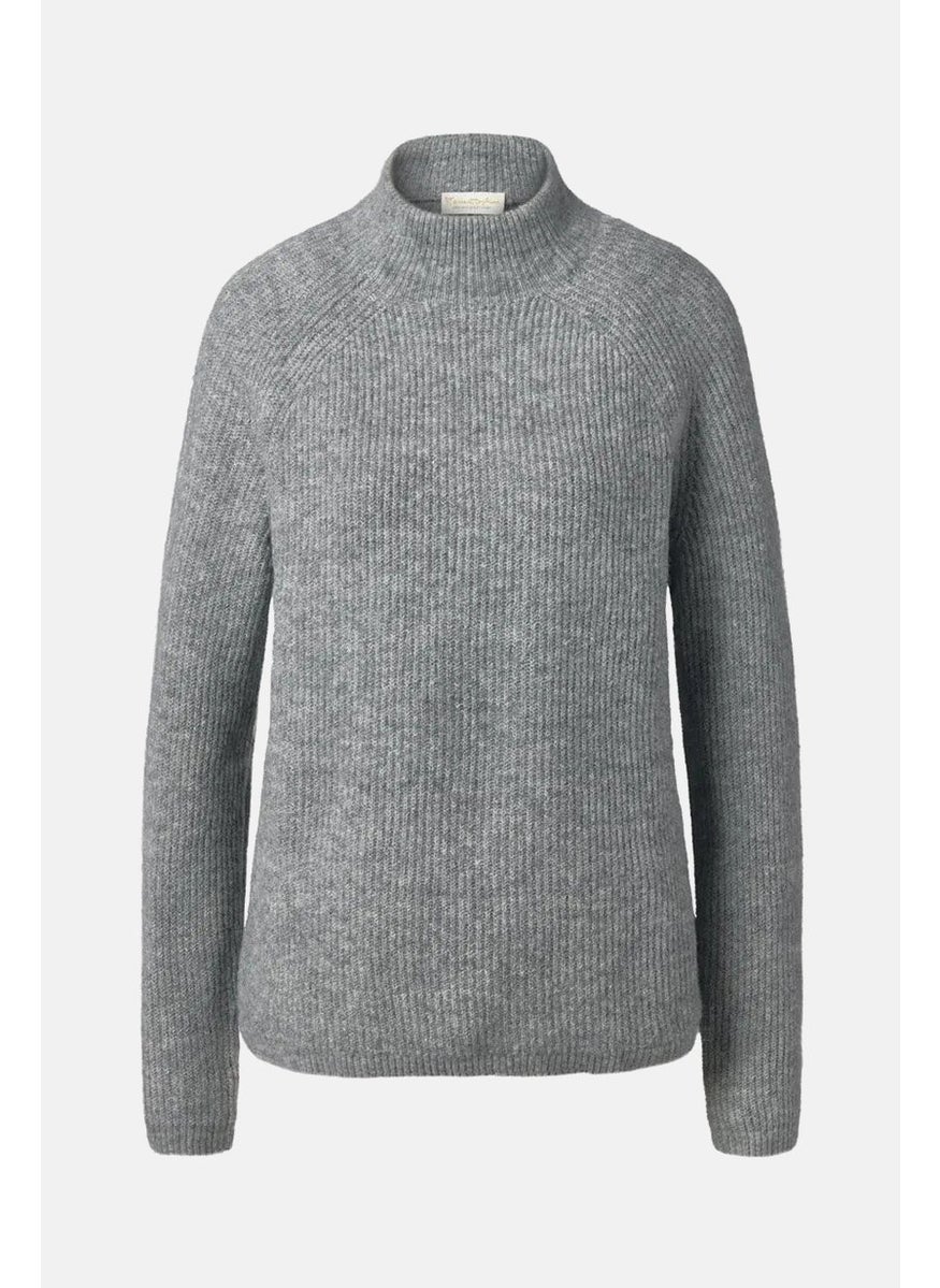 Women Mock Collar Long Sleeves Knit Sweater, Grey