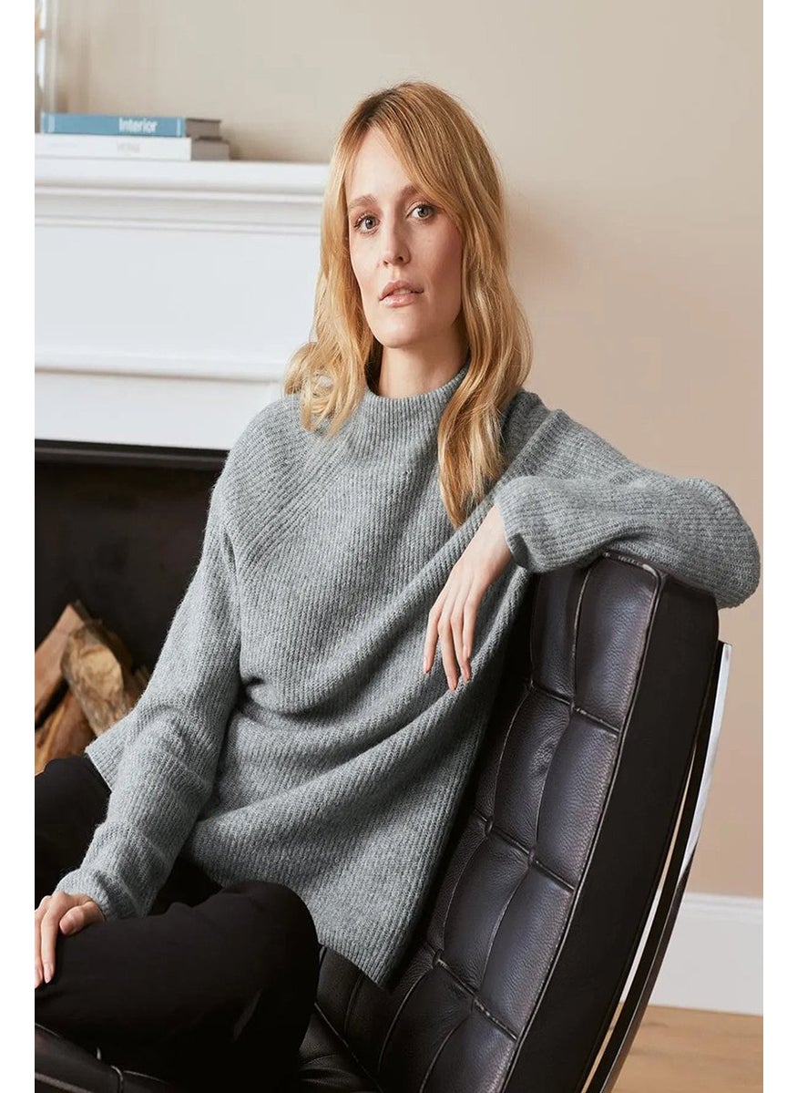 Women Mock Collar Long Sleeves Knit Sweater, Grey