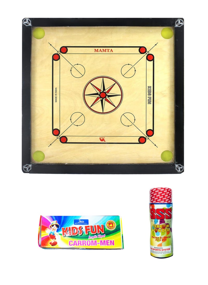 Carrom Board, 30x30x1.5Inches, Black and Brown Surface with Plastic Coins, Plywood Surface, and Hardwood Borders- 