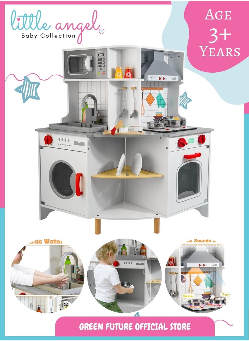 Luxury Kids Wooden Play Kitchen Set Pretend Cooking for Toddlers with Accessories Large Toy with Oven & Sink Storage Corner for Boys & Girls