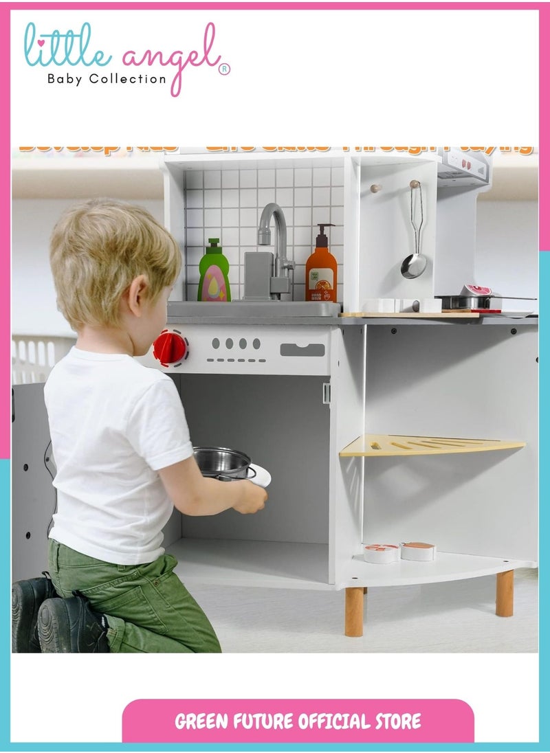 Luxury Kids Wooden Play Kitchen Set Pretend Cooking for Toddlers with Accessories Large Toy with Oven & Sink Storage Corner for Boys & Girls