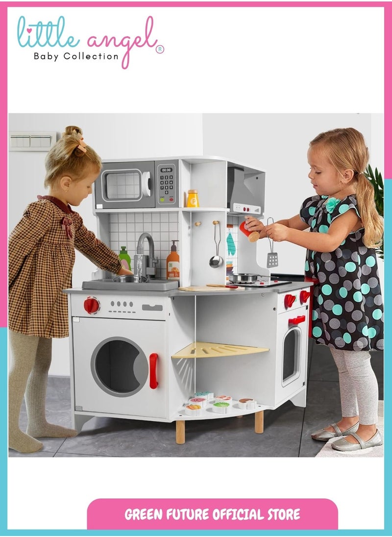 Luxury Kids Wooden Play Kitchen Set Pretend Cooking for Toddlers with Accessories Large Toy with Oven & Sink Storage Corner for Boys & Girls