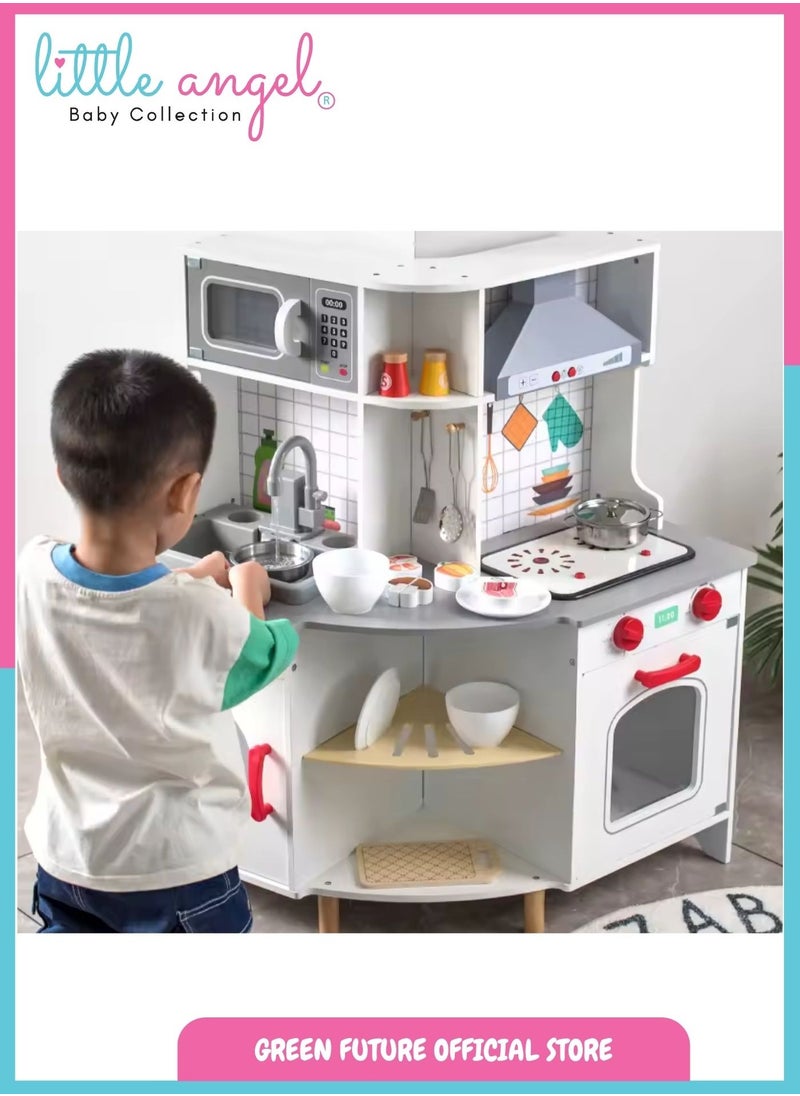 Luxury Kids Wooden Play Kitchen Set Pretend Cooking for Toddlers with Accessories Large Toy with Oven & Sink Storage Corner for Boys & Girls