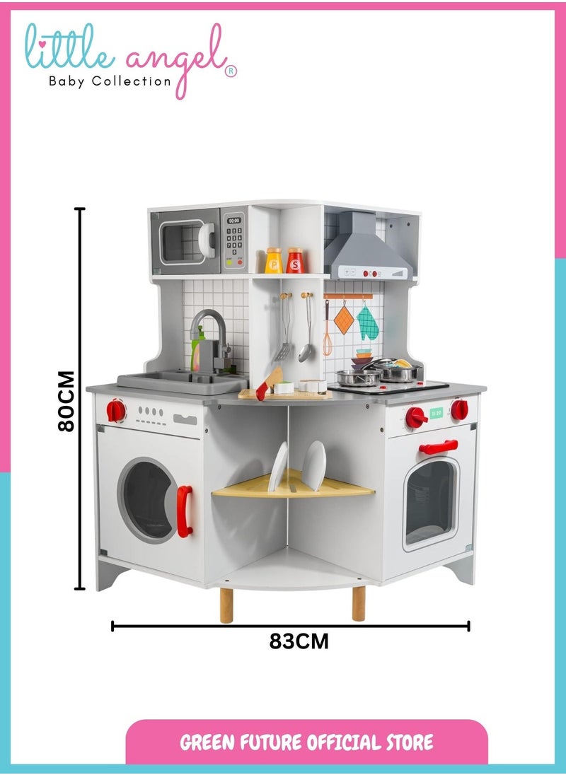 Luxury Kids Wooden Play Kitchen Set Pretend Cooking for Toddlers with Accessories Large Toy with Oven & Sink Storage Corner for Boys & Girls