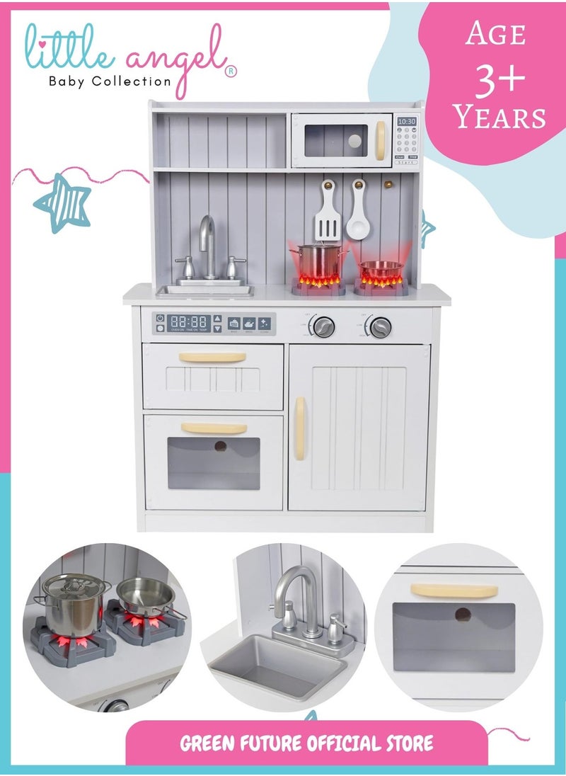 Kids Wooden Play Kitchen Set with Lights & Sounds, Pretend Cooking Toy for Toddlers with Accessories, Oven, Sink, Storage & Realistic Features