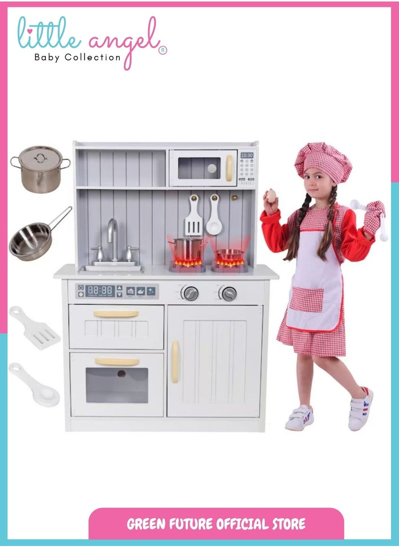 Kids Wooden Play Kitchen Set with Lights & Sounds, Pretend Cooking Toy for Toddlers with Accessories, Oven, Sink, Storage & Realistic Features