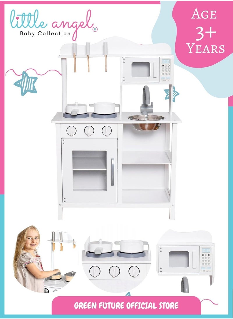 Kids Wooden Play Kitchen Set – Pretend Cooking Toy with Microwave, Oven, Sink, and Utensils for Boys & Girls – White