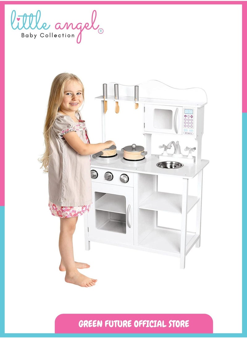 Kids Wooden Play Kitchen Set – Pretend Cooking Toy with Microwave, Oven, Sink, and Utensils for Boys & Girls – White