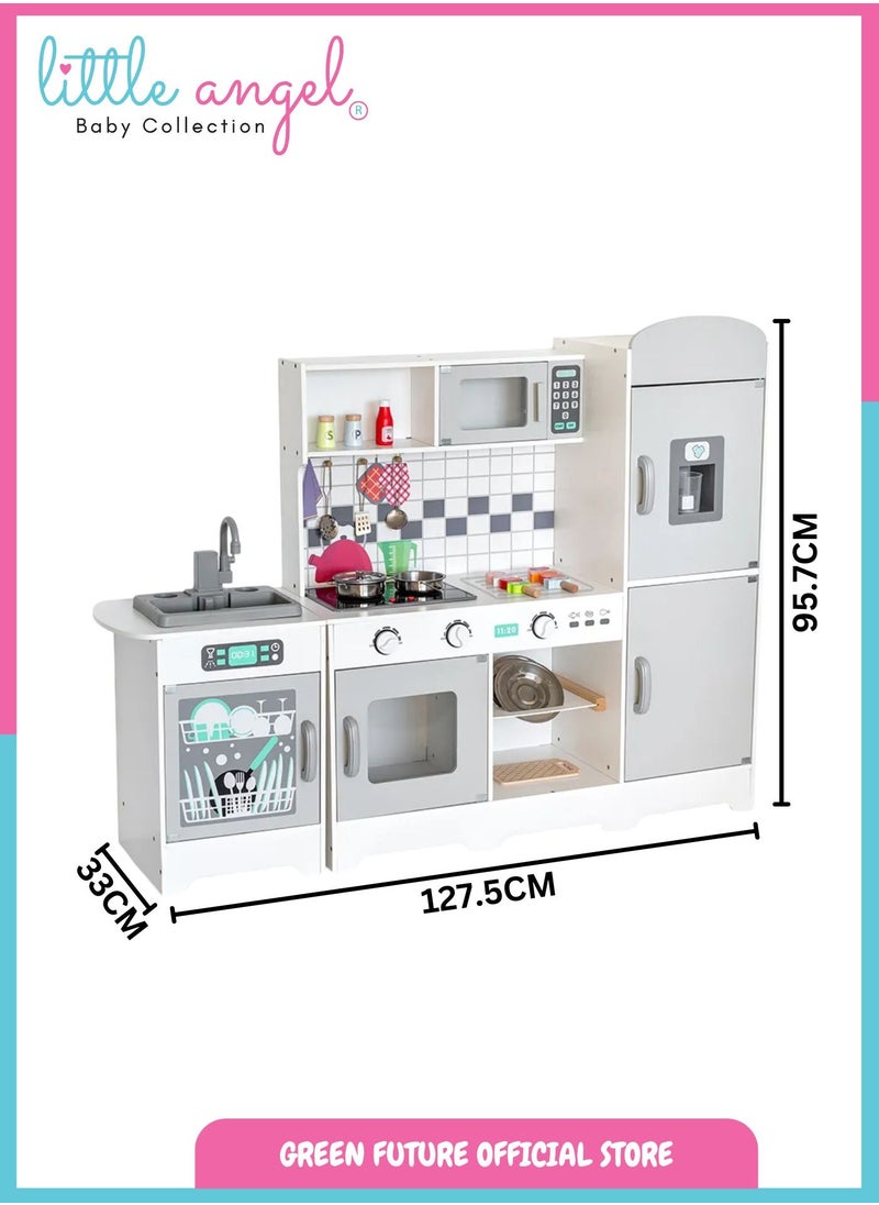 Kids Wooden Kitchen Playset with Accessories - Large Pretend Cooking Set with Fridge, Sink, Oven & Storage - Fun Learning for Toddlers