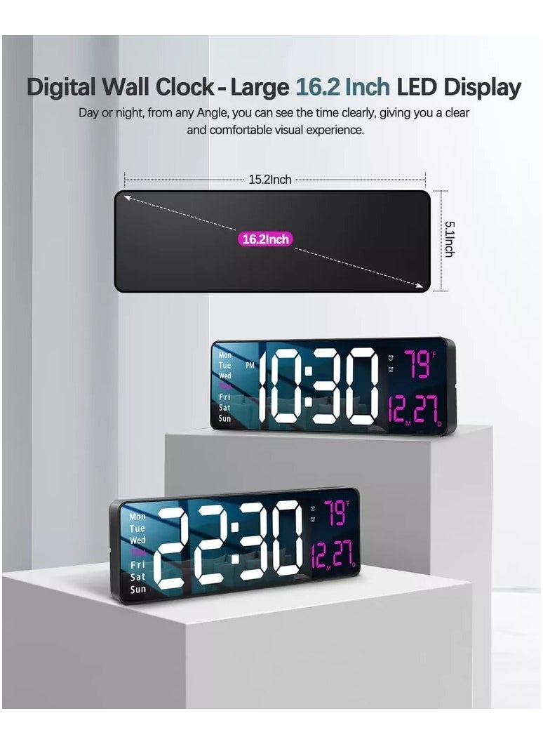 Digital Wall Clock 16.2 Inch Large Display With Remote Control For Living Room Decor, Big Clock with Date Week Temperature