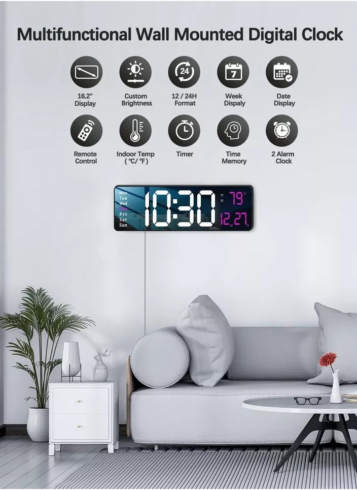 Digital Wall Clock 16.2 Inch Large Display With Remote Control For Living Room Decor, Big Clock with Date Week Temperature
