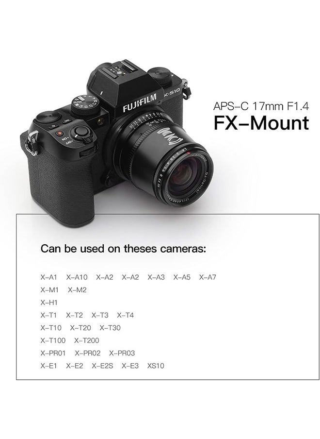 TTArtisan 17mm F1.4 APS-C Manual Focus Wide-Angle Lens for FX Mount Camera Like X-A10 X-A20 X-A3 X-A5 X-A7 X-M1 X-M2 X-H1 X-T10 X-T20 X-T30 X-T4 X-T100 X-T2000 X-Pro1 X-Pro2 X-Pro3 X-E1 X-E2S X-E3