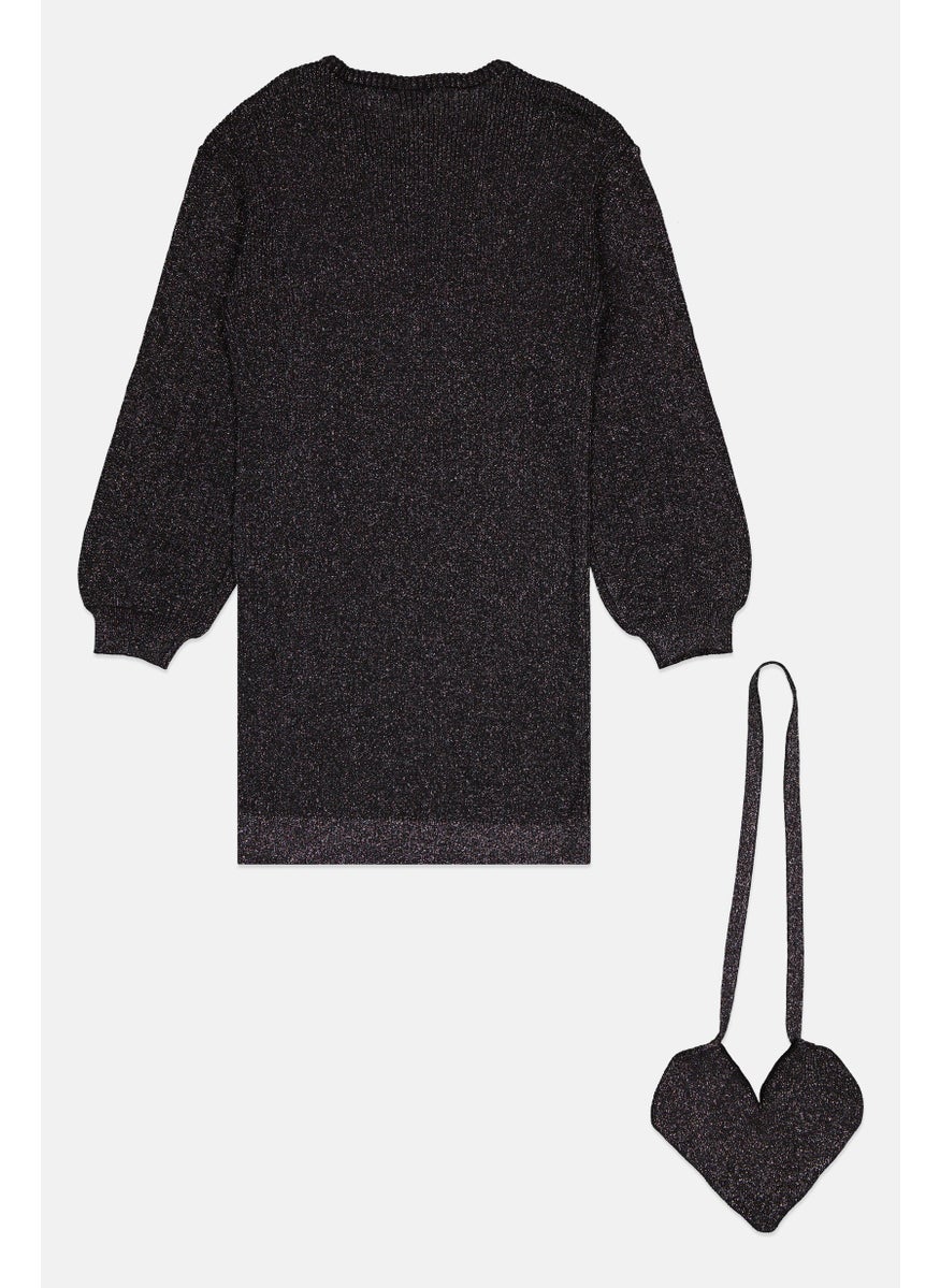 Kids Girl Metallic Sweater Dress With Crossbody Bag Set, Black