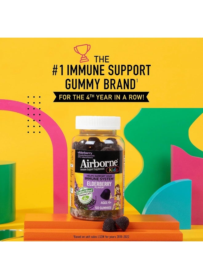 Airborne KIDS Elderberry + Zinc & Vitamin C Gummies, Kids Immune Support with Powerful Antioxidants Vit D & E - 50 gummies, Elderberry Flavor