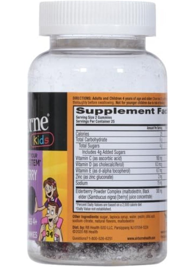 Airborne KIDS Elderberry + Zinc & Vitamin C Gummies, Kids Immune Support with Powerful Antioxidants Vit D & E - 50 gummies, Elderberry Flavor