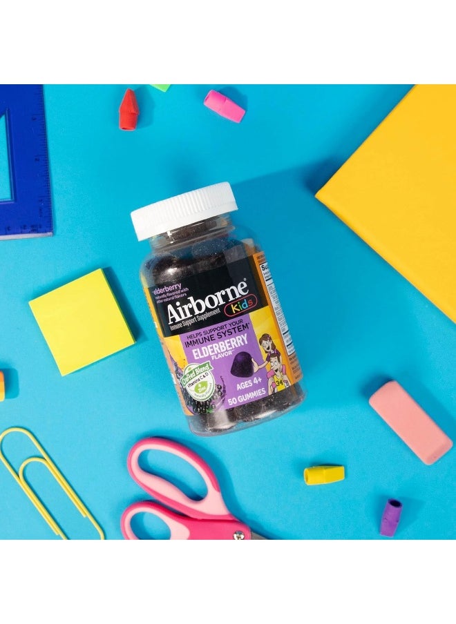 Airborne KIDS Elderberry + Zinc & Vitamin C Gummies, Kids Immune Support with Powerful Antioxidants Vit D & E - 50 gummies, Elderberry Flavor