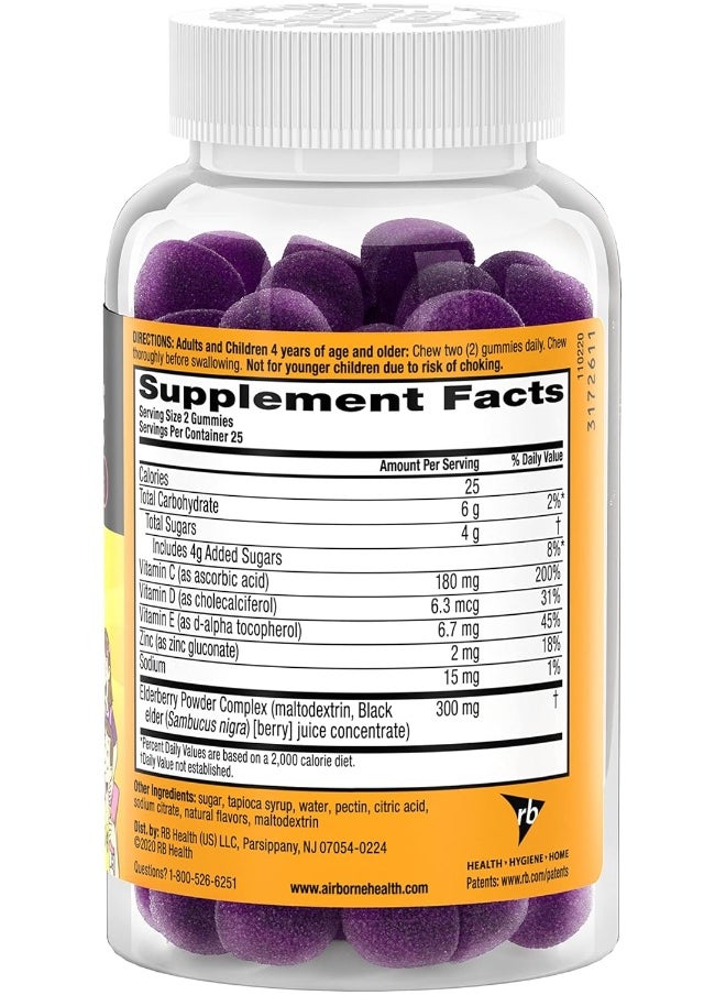 Airborne KIDS Elderberry + Zinc & Vitamin C Gummies, Kids Immune Support with Powerful Antioxidants Vit D & E - 50 gummies, Elderberry Flavor