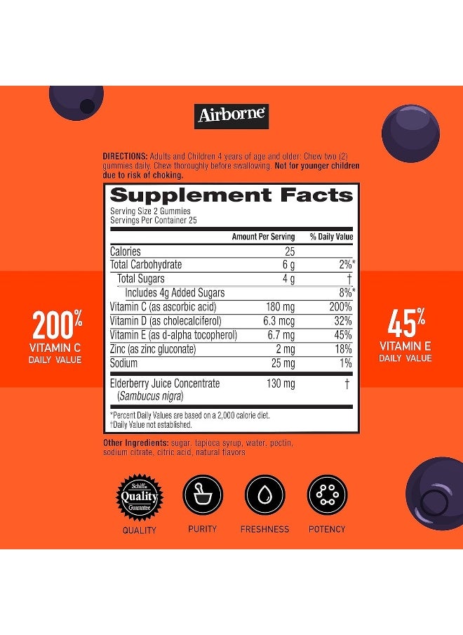 Airborne KIDS Elderberry + Zinc & Vitamin C Gummies, Kids Immune Support with Powerful Antioxidants Vit D & E - 50 gummies, Elderberry Flavor