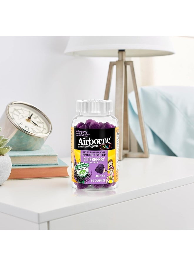 Airborne KIDS Elderberry + Zinc & Vitamin C Gummies, Kids Immune Support with Powerful Antioxidants Vit D & E - 50 gummies, Elderberry Flavor