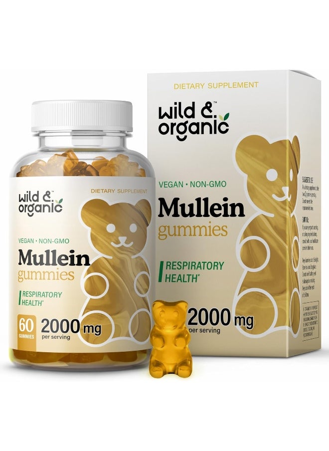 Wild & Organic Mullein Gummies - Daily Dietary Supplement for Respiratory, Digestive Support - Natural Sleep Aid, Immune Booster - Vegan, Non-GMO Verbascum Thapsus Herbal Extract - 2000mg, 60 Chews